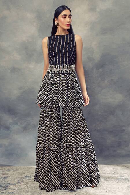 Bhumika Sharma_Black Georgette Round Peplum Kurta Sharara Set_Online_at_Aza_Fashions