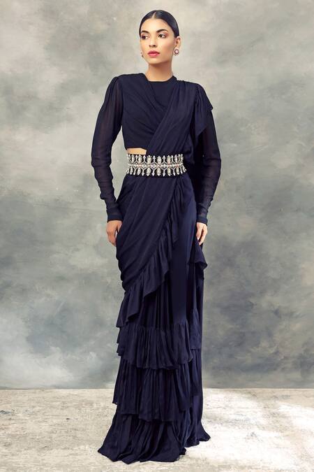 Bhumika Sharma_Black Satin Crepe Round Pre-draped Layered Ruffle Saree_Online_at_Aza_Fashions