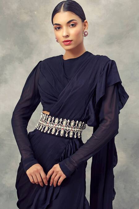 Buy_Bhumika Sharma_Black Satin Crepe Round Pre-draped Layered Ruffle Saree_Online_at_Aza_Fashions