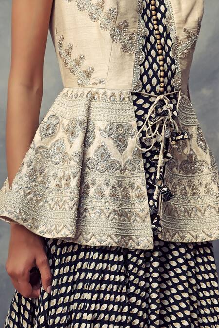 Buy_Bhumika Sharma_Black Raw Silk, Georgette Round Printed Anarkali And Peplum Jacket Set_Online_at_Aza_Fashions