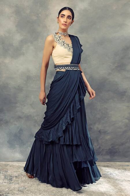 Bhumika Sharma_Blue Georgette, Satin Crepe V Neck Pre-draped Layered Ruffle Saree_Online_at_Aza_Fashions