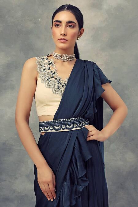 Buy_Bhumika Sharma_Blue Georgette, Satin Crepe V Neck Pre-draped Layered Ruffle Saree_Online_at_Aza_Fashions