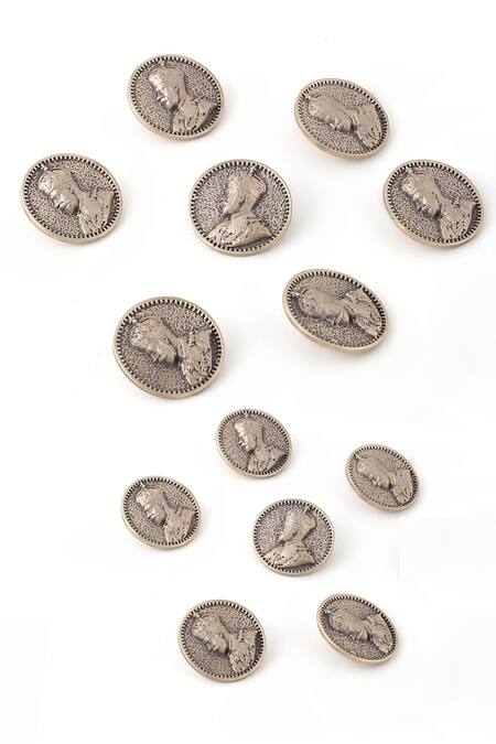 Shop Cosa Nostraa Gold Plated The Prince Coin Buttons Set Of 13 at Aza Fashions Shop_Cosa Nostraa_Gold Plated The Prince Coin Buttons Set Of 13 _at_Aza_Fashions