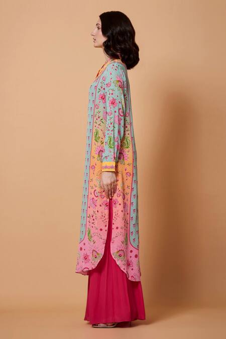Siddhartha Bansal_Blue Pure Crepe Floral Mandarin Collar Printed Tunic _Online_at_Aza_Fashions
