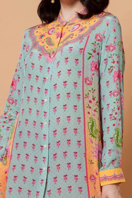 Buy_Siddhartha Bansal_Blue Pure Crepe Floral Mandarin Collar Printed Tunic _Online_at_Aza_Fashions
