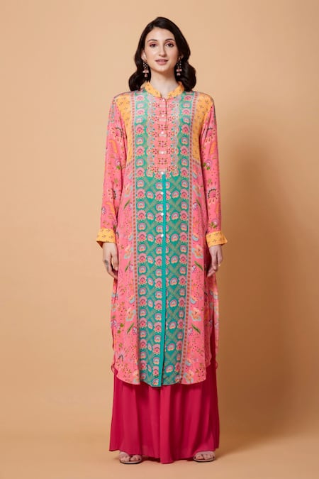 Siddhartha Bansal_Green Pure Crepe Printed Floral Mandarin Collar Tunic  _Online_at_Aza_Fashions