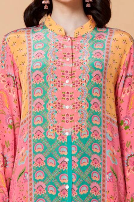 Buy_Siddhartha Bansal_Green Pure Crepe Printed Floral Mandarin Collar Tunic  _Online_at_Aza_Fashions