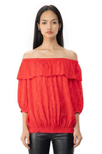 Shop Gaya Red Swastik Pan Jacquard (100% Viscose) One Shoulder Off Top at Aza Fashions Shop_Gaya_Red Swastik Pan Jacquard (100% Viscose) One Shoulder Off Top _at_Aza_Fashions