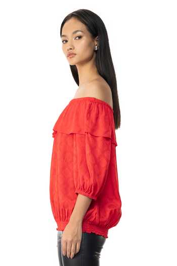 Gaya Red Swastik Pan Jacquard (100% Viscose) One Shoulder Off Top Online at Aza Fashions Gaya_Red Swastik Pan Jacquard (100% Viscose) One Shoulder Off Top _Online_at_Aza_Fashions