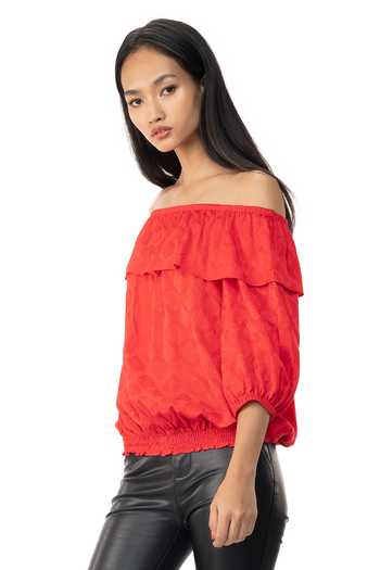 Buy Gaya Red Swastik Pan Jacquard (100% Viscose) One Shoulder Off Top Online at Aza Fashions Buy_Gaya_Red Swastik Pan Jacquard (100% Viscose) One Shoulder Off Top _Online_at_Aza_Fashions
