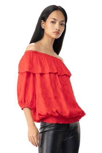 Shop Gaya Red Swastik Pan Jacquard (100% Viscose) One Shoulder Off Top Online at Aza Fashions Shop_Gaya_Red Swastik Pan Jacquard (100% Viscose) One Shoulder Off Top _Online_at_Aza_Fashions