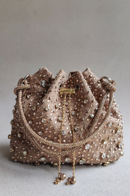 Plode_Gold Rhinestones, Crystals Embellished Bucket Bag _Online_at_Aza_Fashions