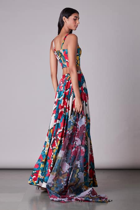 Shop_Saaksha & Kinni_Multi Color Satin Sweetheart Neck Ikat Print Crop Top _at_Aza_Fashions