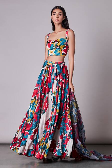 Saaksha & Kinni_Multi Color Satin Sweetheart Neck Ikat Print Crop Top _Online_at_Aza_Fashions
