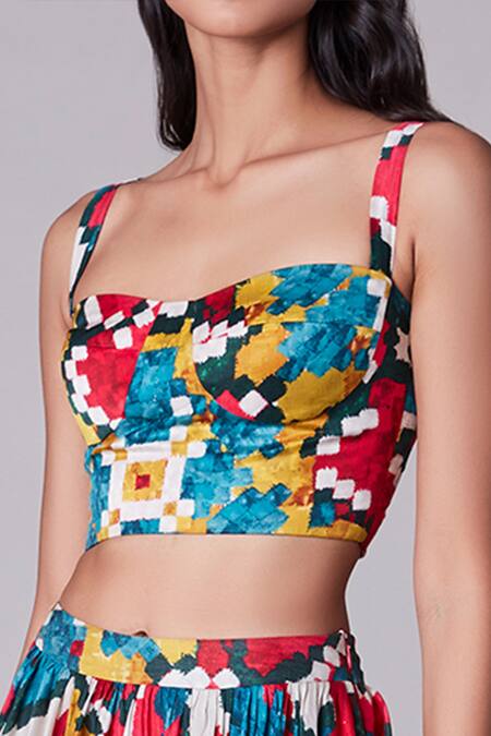 Buy_Saaksha & Kinni_Multi Color Satin Sweetheart Neck Ikat Print Crop Top _Online_at_Aza_Fashions