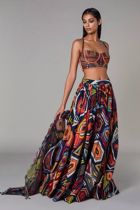 Saaksha & Kinni_Brown Satin Thread And Mirror Sweetheart Neck Embroidered Bustier_Online_at_Aza_Fashions