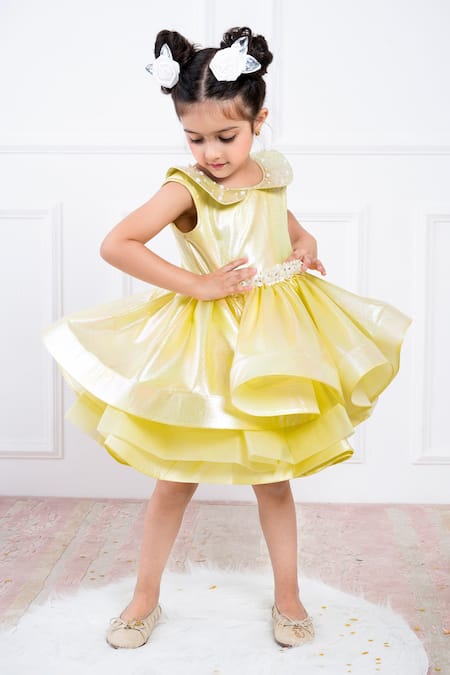 Hoity Moppet Yellow Organza Pearls Ruffle Fit And Flare Dress