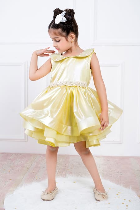 Shop Hoity Moppet Yellow Organza Pearls Ruffle Fit And Flare Dress at Aza Fashions Shop_Hoity Moppet_Yellow Organza Pearls Ruffle Fit And Flare Dress _at_Aza_Fashions