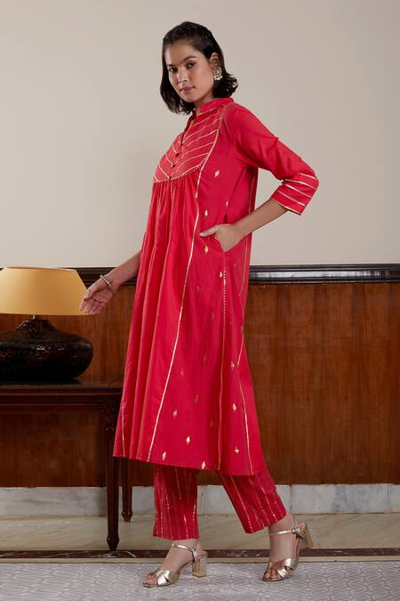 Kefi Collections_Red Cotton Gota Patti Bandeau Neck Butterfly Pea Kurta Pant Set_Online_at_Aza_Fashions