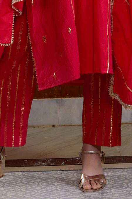 Buy_Kefi Collections_Red Cotton Gota Patti Bandeau Neck Butterfly Pea Kurta Pant Set_Online_at_Aza_Fashions