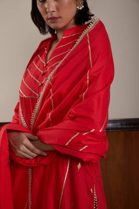 Shop_Kefi Collections_Red Cotton Gota Patti Bandeau Neck Butterfly Pea Kurta Pant Set_Online_at_Aza_Fashions