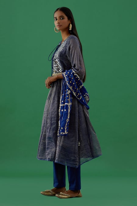 Shop 5elements Blue Chanderi Silk Tissue Embellishment Mirror And Ghungroo Work Anarkali Set Online at Aza Fashions Shop_5elements_Blue Chanderi Silk Tissue Embellishment Mirror And Ghungroo Work Anarkali Set _Online_at_Aza_Fashions