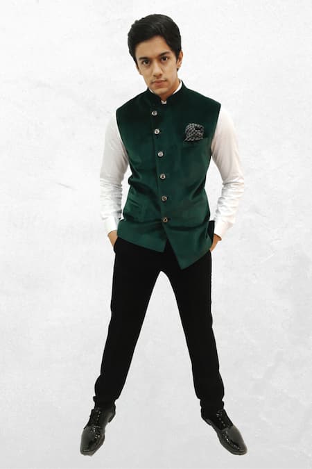 Velvet Nehru Jacket - Bottle Green