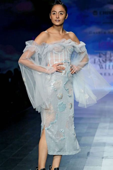 Gauri & Nainika Blue Tulle Sweetheart Neck Off Shoulder Sequin Dress Online at Aza Fashions Gauri & Nainika_Blue Tulle Sweetheart Neck Off Shoulder Sequin Dress _Online_at_Aza_Fashions