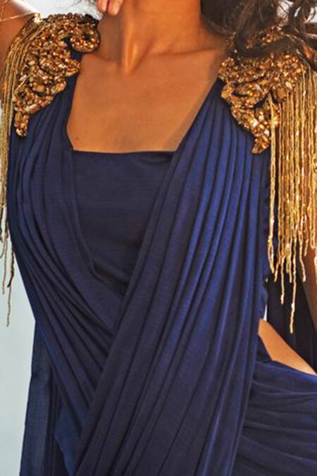 Monisha Jaising_Blue Lycra Embroidery Square Neck Pre-draped Saree Gown_Online_at_Aza_Fashions
