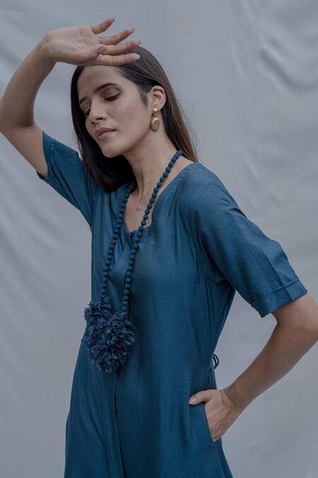 Bohame_Blue Tencel Draped Dress _Online_at_Aza_Fashions