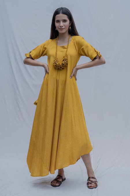 Buy_Bohame_Yellow Tencel Asymmetric Dress _Online_at_Aza_Fashions