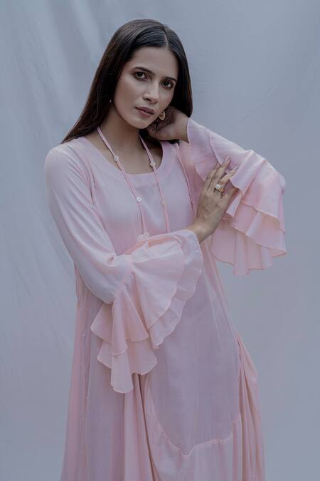 Bohame_Peach Tencel Draped Dress _Online_at_Aza_Fashions