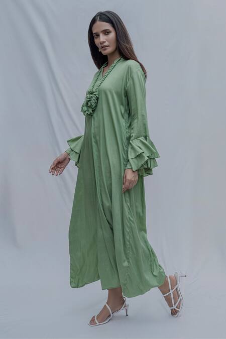 Bohame_Green Tencel Pleated Dress _Online_at_Aza_Fashions