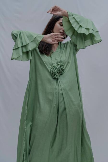 Buy_Bohame_Green Tencel Pleated Dress _Online_at_Aza_Fashions