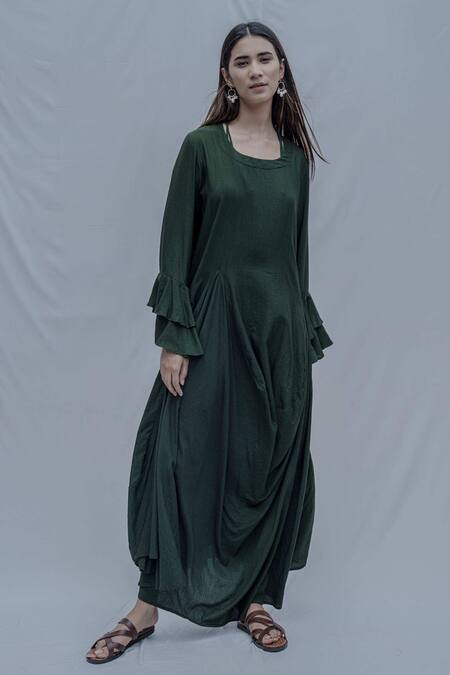 Bohame_Green Tencel Draped Dress _Online_at_Aza_Fashions