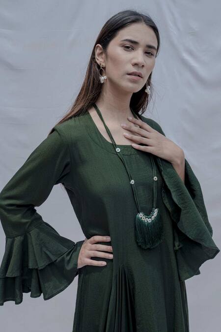 Shop_Bohame_Green Tencel Draped Dress _Online_at_Aza_Fashions