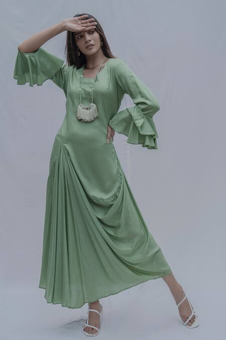 Bohame_Green Tencel Draped Dress _Online_at_Aza_Fashions