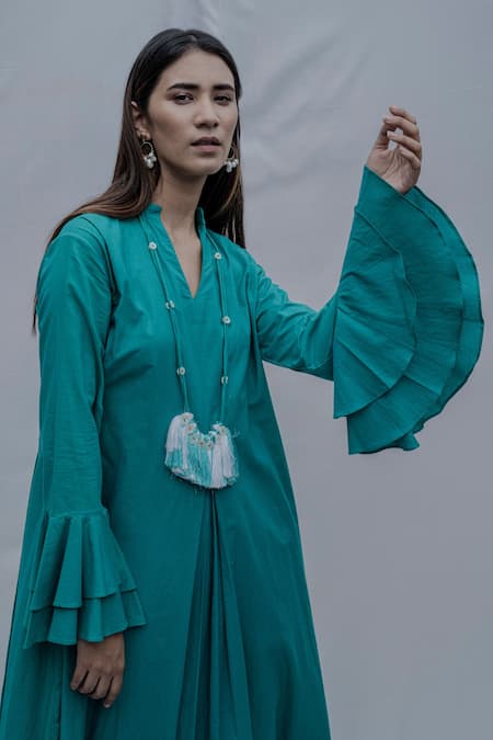 Bohame_Green Tencel Pleated Dress _Online_at_Aza_Fashions