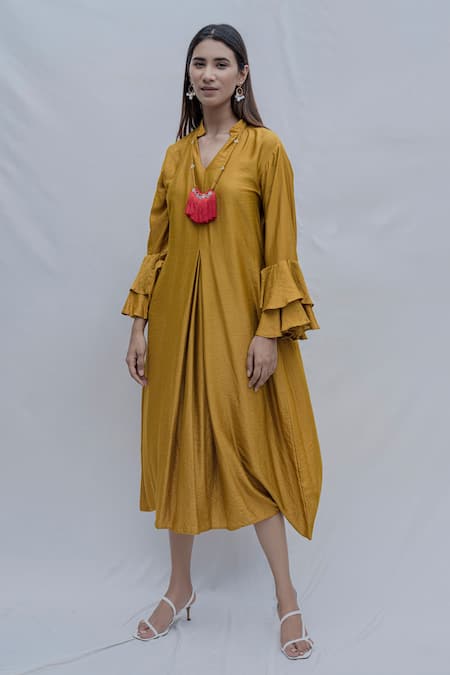 Bohame_Yellow Tencel Pleated Dress _Online_at_Aza_Fashions