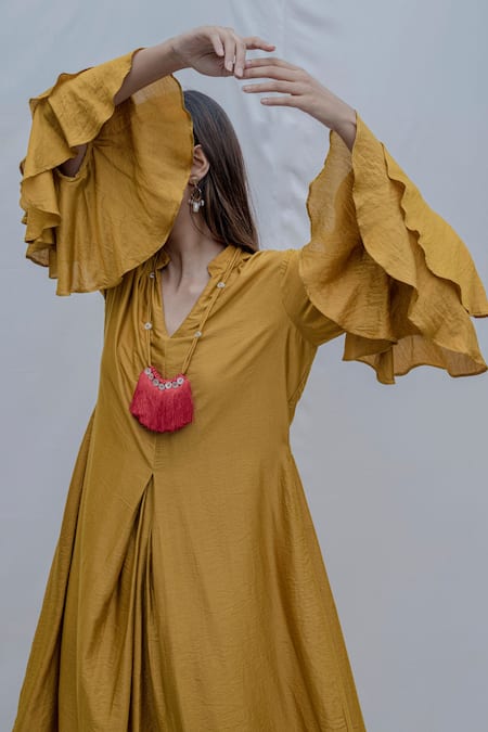 Buy_Bohame_Yellow Tencel Pleated Dress _Online_at_Aza_Fashions
