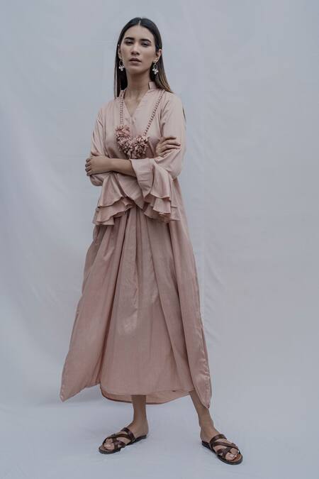 Bohame_Beige Tencel Pleated Dress _Online_at_Aza_Fashions