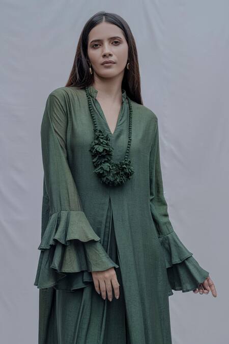 Bohame_Green Tencel Pleated Dress _Online_at_Aza_Fashions