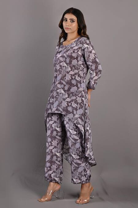 Bohame_Purple Crepe Floral Round Print Tunic And Pant Set_Online_at_Aza_Fashions