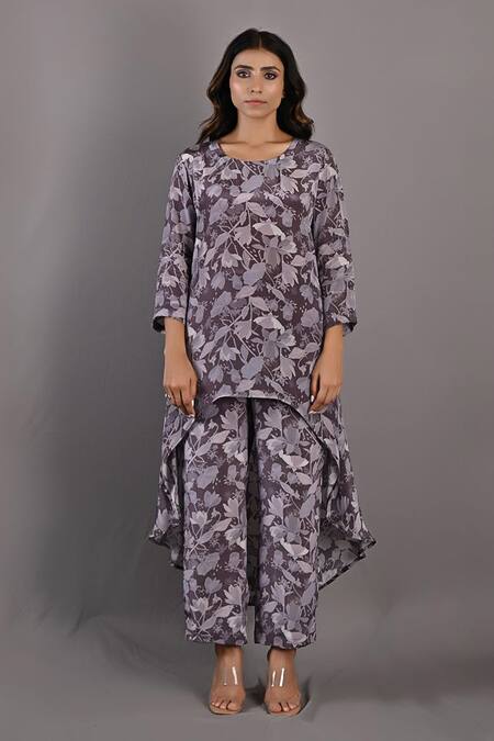 Buy_Bohame_Purple Crepe Floral Round Print Tunic And Pant Set_Online_at_Aza_Fashions