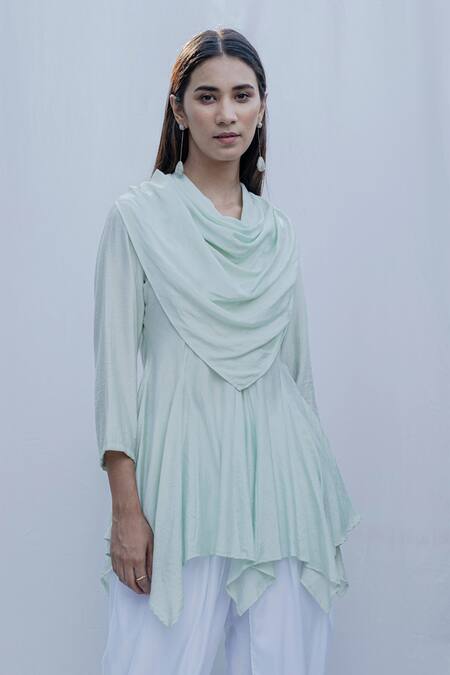 Bohame_Green Tencel Dream Cowl Top _Online_at_Aza_Fashions