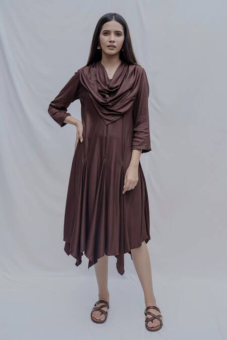 Bohame_Brown Tencel Dream Cowl Dress _Online_at_Aza_Fashions