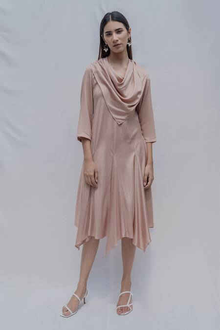 Bohame_Beige Tencel Cowl Dress _Online_at_Aza_Fashions