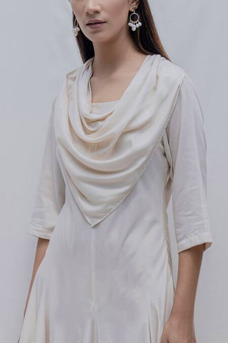 Bohame_White Tencel Cowl Dress _at_Aza_Fashions