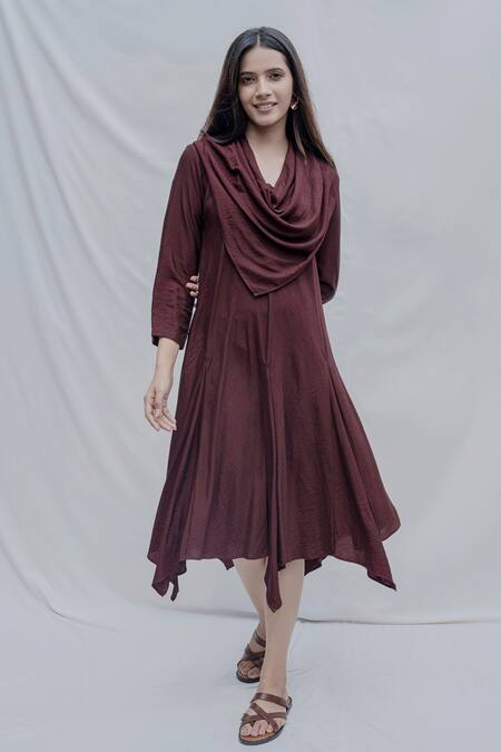 Bohame_Maroon Tencel Dream Cowl Dress _Online_at_Aza_Fashions