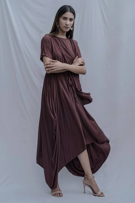 Bohame_Brown Tencel Asymmetric Dress _Online_at_Aza_Fashions